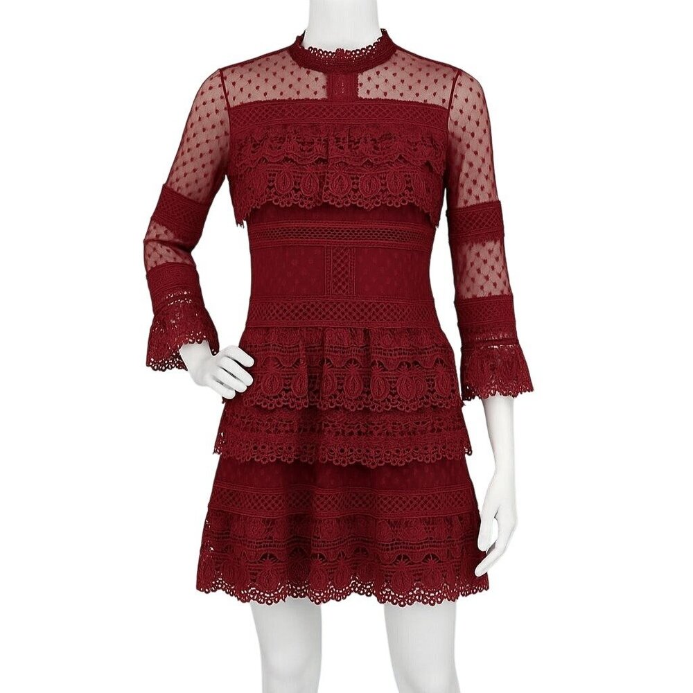 Lace Mesh Tiered Mini Dress Mock Neck Long Sleeve Prom Wedding Whimsigoth Size M